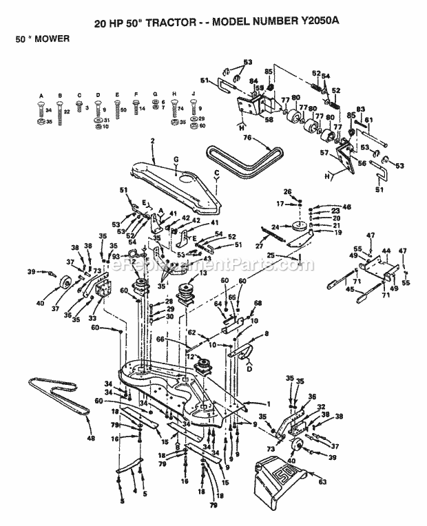 20hp 50" Tractor-50" Mower Diagram and Parts List for Y2050A 1992 Husqvarna Lawn Tractor