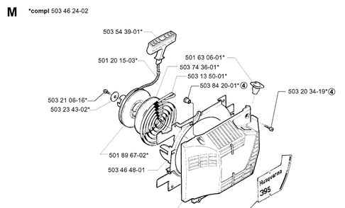 Starter Diagram and Parts List for 395XP/ (XPG)(20010100001-20034000000) Husqvarna Chainsaw