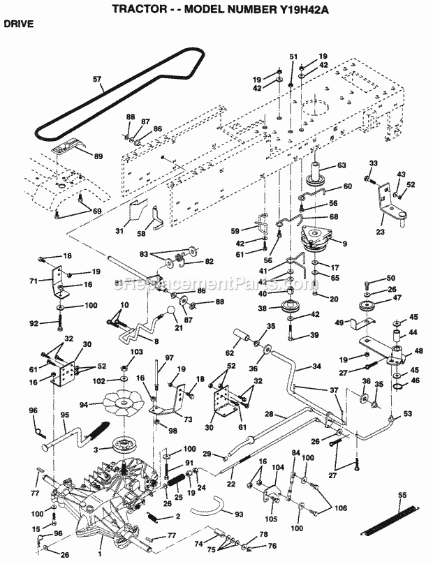 Drive Diagram and Parts List for Y19H42A 1995 Husqvarna Lawn Tractor
