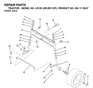 Front Axle Diagram and Parts List for LR120 (HFLRC112F)(2000-03) Husqvarna Lawn Tractor