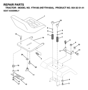 Seat Diagram and Parts List for YTH180 (954820141-A)(1998-12) Husqvarna Lawn Tractor