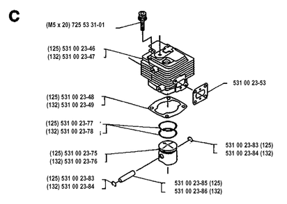 Cylinder Piston Diagram and Parts List for 125RB 19931400001 & Above Husqvarna Trimmer