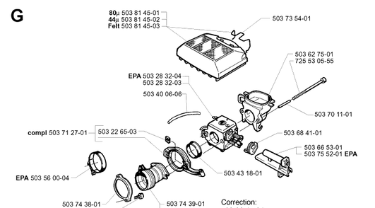 Carburetor And Air Filter Diagram and Parts List for 365 19994500001-20020100000 Husqvarna Chainsaw