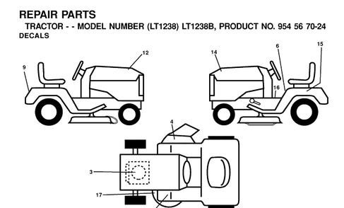 Decals Diagram and Parts List for LT1238-LT1238B 2001-03 Husqvarna Lawn Tractor