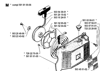 Starter Diagram and Parts List for 281 19900100001-19911400000 Husqvarna Chainsaw