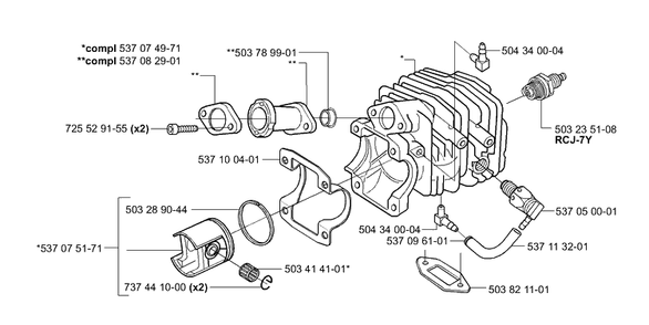 Piston / Cylinder Diagram and Parts List for 335XPT 2001-05 Husqvarna Chainsaw