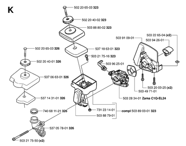 Carburetor And Air Filter Diagram and Parts List for 326L 20061400001 & Above Husqvarna Trimmer
