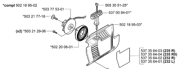 Starter Diagram and Parts List for 232L 2006-01 Husqvarna Trimmer
