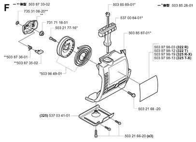 Starter Diagram and Parts List for 322R 20010500001 & Above Husqvarna Trimmer