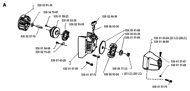 Ignition System And Clutch Diagram and Parts List for 23LC 19931800001 & Above Husqvarna Trimmer