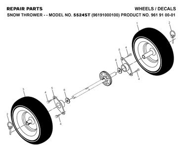 Wheels And Tires Diagram and Parts List for 5524ST (96191000100)(2005-10) Husqvarna Snow Blower