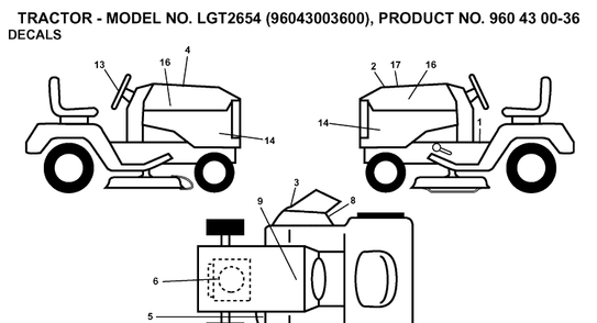 Decals Diagram and Parts List for LGT2654 (96043003600)(2006-12) Husqvarna Lawn Tractor