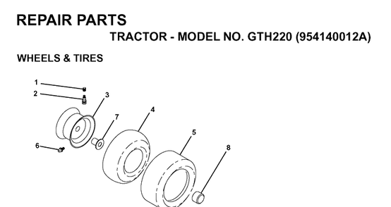 Wheels And Tires Diagram and Parts List for GTH220 (954140012A)(1997-01) Husqvarna Lawn Tractor