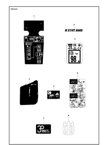 Decals Diagram and Parts List for R214T AWD Husqvarna Lawn Mower