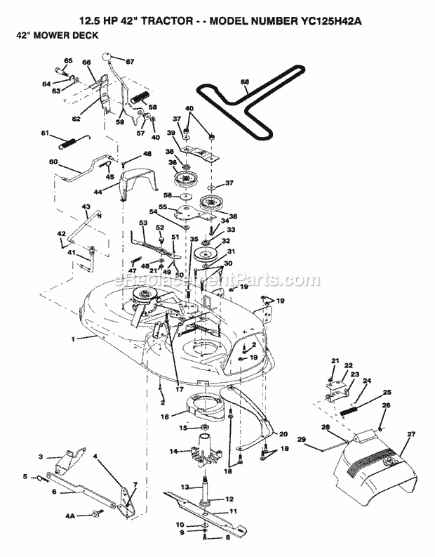Mower Deck Diagram and Parts List for YC125H42A 1993 Husqvarna Lawn Tractor