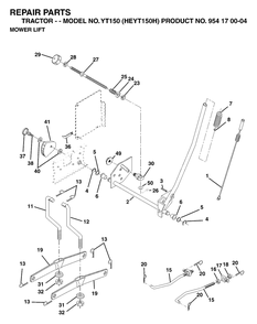 Mower Lift / Deck Lift Diagram and Parts List for YT150 (954170004-H)(1996-01) Husqvarna Lawn Tractor