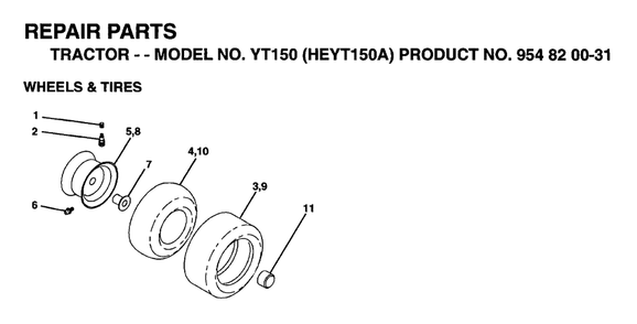 Wheels And Tires Diagram and Parts List for YT150 (954820031-A)(1996-01) Husqvarna Lawn Tractor