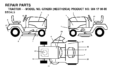 Decals Diagram and Parts List for GTH250 (HEGTH250A, 954170055)(2002-03) Husqvarna Lawn Tractor