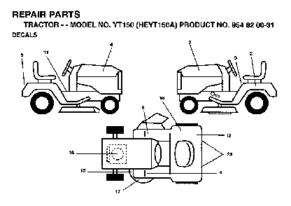 Decals Diagram and Parts List for YT150 (HEYT150A, 954820031)(1996-01) Husqvarna Lawn Tractor