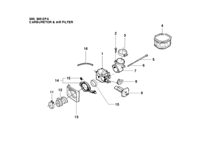 Carburetor And Air Filter Diagram and Parts List for 395XP/ (XPG - 395 XP EPA)(20163900001-20193499999) Husqvarna Chainsaw