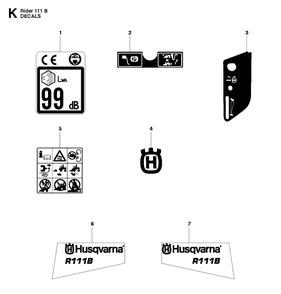 Decals Diagram and Parts List for R111B (965996801)(2011-02) Husqvarna Lawn Mower