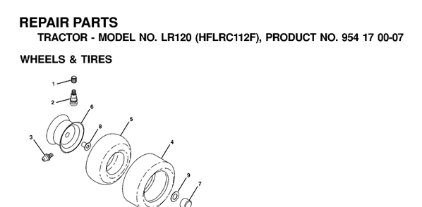 Wheels And Tires Diagram and Parts List for LR120 (HFLRC112F)(2000-03) Husqvarna Lawn Tractor
