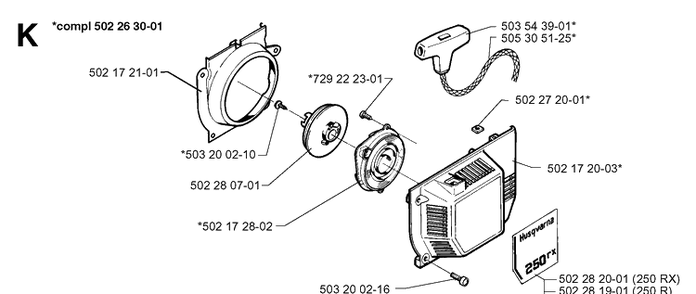 Starter Diagram and Parts List for 250RX 19973100001-Current Husqvarna Brush Cutter