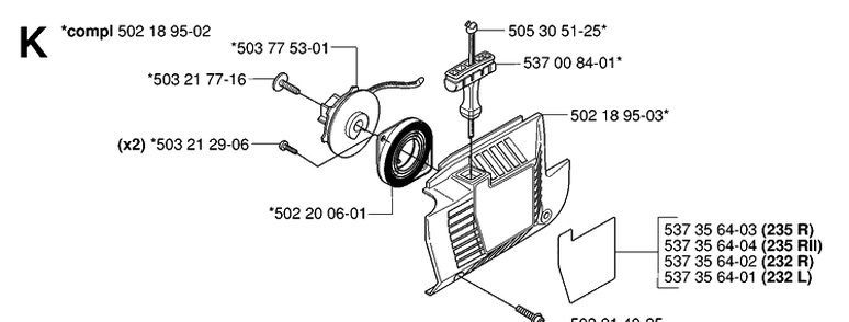 Starter Diagram and Parts List for 232R 20061400001-20144900000 Husqvarna Brush Cutter