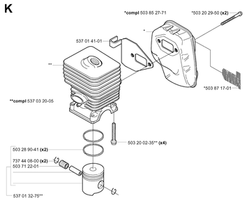 Cylinder, Piston And Muffler Diagram and Parts List for 325HE4X 20010100001 - 20011800000 Husqvarna Hedge Trimmer