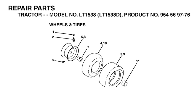 Wheels And Tires Diagram and Parts List for LT1538-LT1538D 2003-01 Husqvarna Lawn Tractor