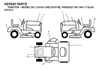 Decals Diagram and Parts List for LTH151 (954170202-B)(2004-06) Husqvarna Lawn Tractor