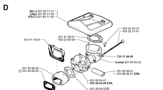 Carburetor And Air Filter Diagram and Parts List for 281 20000600001-20014000000 Husqvarna Chainsaw