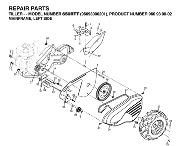 Mainframe, Left Side Diagram and Parts List for 650RTT (96093000201)(2006-12) Husqvarna Cultivator