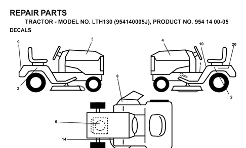 Decals Diagram and Parts List for LTH130 (954140005J)(1998-10) Husqvarna Lawn Tractor