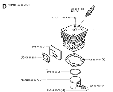Cylinder Piston Diagram and Parts List for 346XP 20032200001-20041000000 Husqvarna Chainsaw