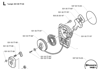 Starter Diagram and Parts List for 142R 20001900001-Current Husqvarna Brush Cutter
