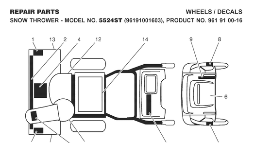 Decals Diagram and Parts List for 5524ST (96191001603)(2007-10) Husqvarna Snow Blower