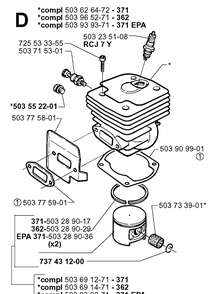 Cylinder Piston Diagram and Parts List for 371XP 19991800001-Current Husqvarna Chainsaw
