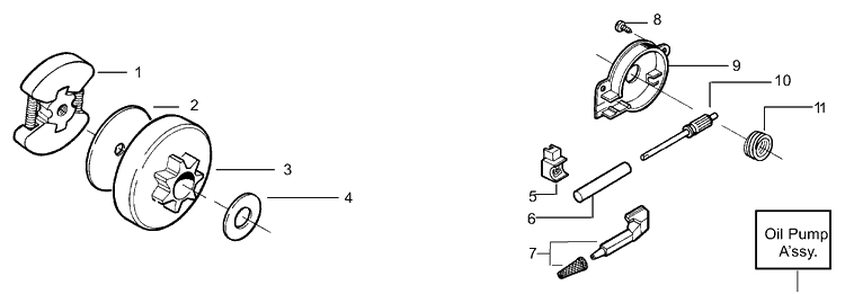 Clutch / Drum / Oiler Assembly Diagram and Parts List for 136LE 2001-06 Husqvarna Chainsaw