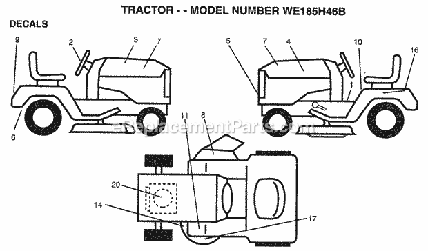 Decals Diagram and Parts List for WE185H46B 1998 Husqvarna Lawn Tractor