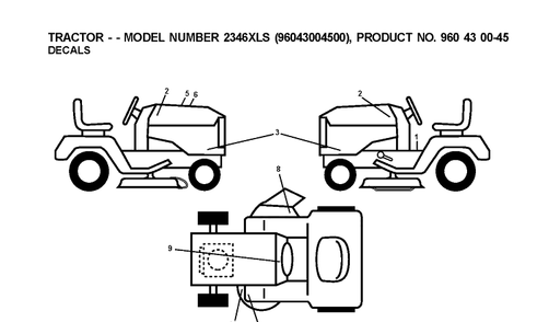 Decals Diagram and Parts List for 2346XLS (96043004500)(2007-12) Husqvarna Lawn Tractor