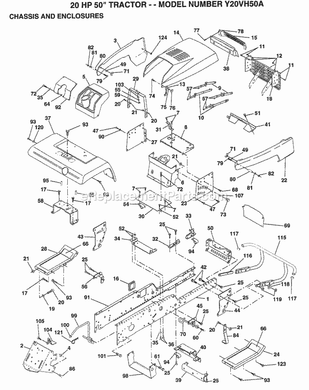 20 Hp 50" Chassis And Enclosures Diagram and Parts List for Y20VH50A 1994 Husqvarna Lawn Tractor