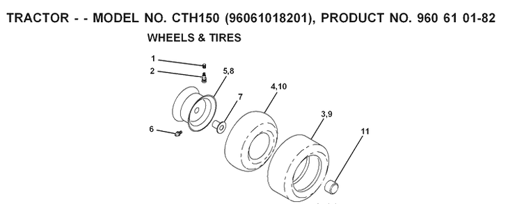 Wheels And Tires Diagram and Parts List for CTH150 (96061018201)(2007-05) Husqvarna Lawn Tractor