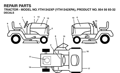 Decals Diagram and Parts List for YTH1342XP-YTH1342XPA 2003-03 Husqvarna Lawn Tractor