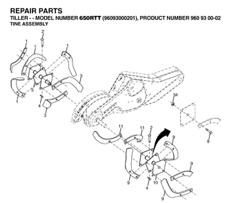 Tine Assembly Diagram and Parts List for 650RTT (96093000201)(2006-12) Husqvarna Cultivator