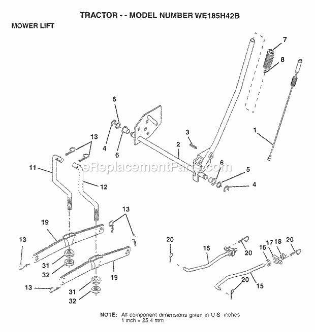 Mower Lift Diagram and Parts List for WE185H42B 1997 Husqvarna Lawn Tractor