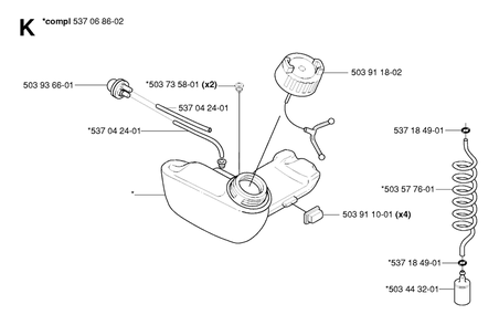 Fuel System Diagram and Parts List for HA850 20054000001 & Above Husqvarna Trimmer