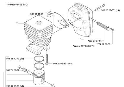 Cylinder/ Piston / Muffler Diagram and Parts List for HA110 2005-10 Husqvarna Hedge Trimmer
