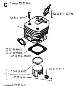 Cylinder Piston Diagram and Parts List for 242 19900100001-19941400000 Husqvarna Chainsaw