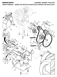 Chassis, Engine And Pulleys Diagram and Parts List for 8527STE (954223654-A)(2004-03) Husqvarna Snow Blower